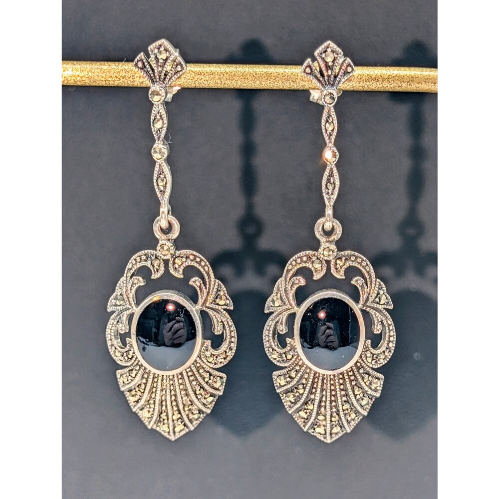 Vintage Signed 925 Sterling Silver Black Onyx Marcasite Long Dangle Earrings